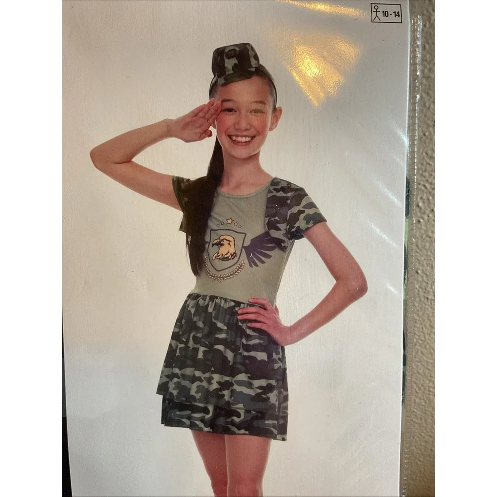 New Girls Camo Army Cadet Camouflage Halloween Costume Hat‎ & Dress XL 10-14